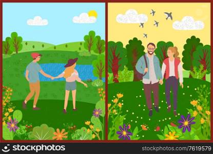 People walking in park vector, couple on date holding hands, forest with trees and flying swallows, man and woman in love, lake and sunshine weather. Summer Walks and Strolling People, Couples in Park