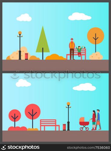 People walking in park with stroller, autumn season vector. Father and daughter playing with bird, family parents with pram strolling along street. People Walking in Park with Stroller Autumn Season