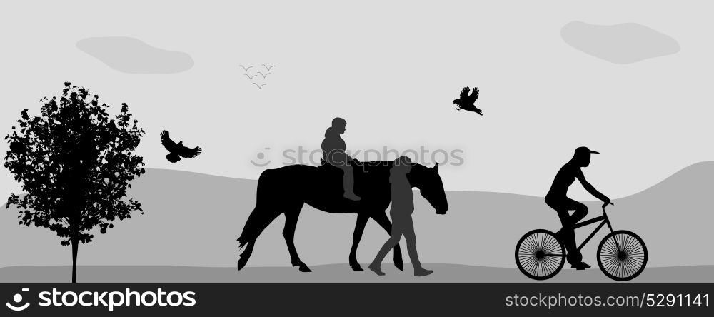 People walking in the park on a horse and bicycle. Vector Illustration.. People walking in the park on a horse and bicycle.