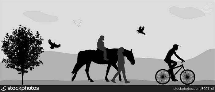 People walking in the park on a horse and bicycle. Vector Illustration.. People walking in the park on a horse and bicycle.