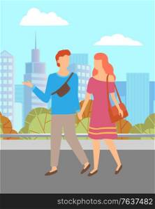 People walking in urban park in summer. Couple strolling together holding hands. Woman in pink dress and handbag. Beautiful cityscape, landscape of city on backdrop. Vector illustration in flat style. Couple Strolling and Relaxing in Park in Summer