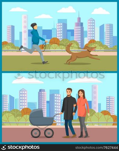 People walking in urban park, man and woman going with stroller, person running with dog. Parents with pram on street, male with pet, city vector. Autumn park. Parents with Pram, Man with Dog in Urban Park Vector