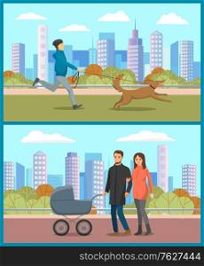 People walking in urban park, man and woman going with stroller, person running with dog. Parents with pram on street, male with pet, city vector. Autumn park. Parents with Pram, Man with Dog in Urban Park Vector