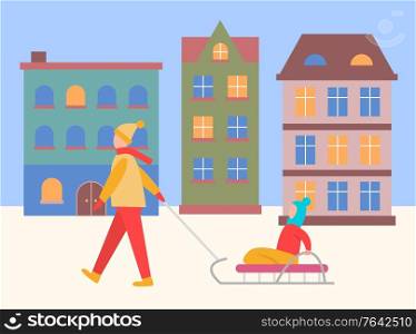 People walking in winter city at night vector. Mother and child sitting on sleigh passing homes with light in windows. Female character with kid on sledges, wintertime strolling in town flat style. Mother and Kid Sitting on Sledges in Evening City