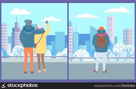 People walking in winter city vector, man and woman couple cuddling and strolling. Cityscape with skyscrapers and bushes covered with snow, male alone. Winter Cityscape with People Back View Set Vector