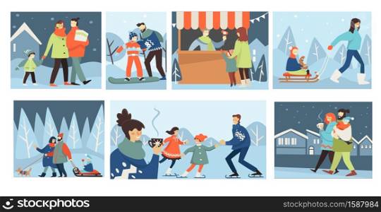 People walking in winter, family in wintry park vector. Set of cards with woman and man strolling with kid. Fair trade on xmas. Dad teaching child to snowboard. Kiddo sitting on sleigh flat style. People walking in winter, family in wintry park
