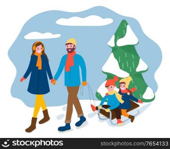 People walking in winter forest, mother and father with kids sitting on sleds. Children and parents on vacation in park. Cloudy weather and frost outdoors, landscape with pine tree and snow vector. Family in Winter Forest, Kids Sitting on Sleigh