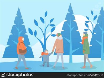 People walking in winter park vector. Woman hurrying home, lady strolling alone. Mother and kid wearing scarf passing trees covered with snow. Frozen ground of forest and clear sky flat style. Winter Park with People Walking and Strolling