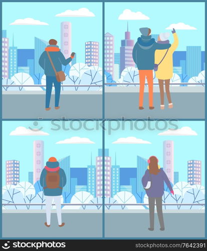 People walking in winter urban park, back view, winter cloth. Couple looking at beautiful cityscape of town. Man with backpack and woman with headphones. Vector illustration in flat style, wintertime. People Walking in Park, Couple Look at City View