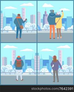 People walking in winter urban park, back view, winter cloth. Couple looking at beautiful cityscape of town. Man with backpack and woman with headphones. Vector illustration in flat style, wintertime. People Walking in Park, Couple Look at City View