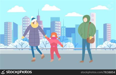 People walking in winter urban park. Mother and daughter going together and mom holding her kid hand, man strolling near. Beautiful snowy landscape on background. Vector illustration in flat style. People Walking in Winter Park, Mother and Daughter