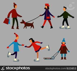 People walking, lady with dog pet on leash vector. Winter pastime of children standing with sledges, teenager practicing figure skating on ice rink. Man walking home with packages from shop market. People walking, lady with dog pet on leash