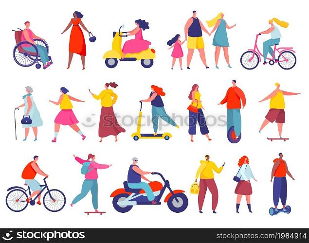 People walking on city street, running or riding bicycle. Active characters on skateboard and scooter, summer outdoor activities vector set. Young man and woman on hoverboard, electric unicycle