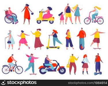 People walking on city street, running or riding bicycle. Active characters on skateboard and scooter, summer outdoor activities vector set. Young man and woman on hoverboard, electric unicycle