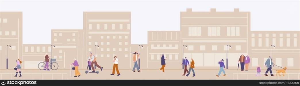 People walking on city street. Urban landscape with citizens, couple children and adults walk. Neighborhood, modern town slow life vector concept of street urban city illustration. People walking on city street. Urban landscape with citizens, couple children and adults walk. Neighborhood, modern town slow life vector concept