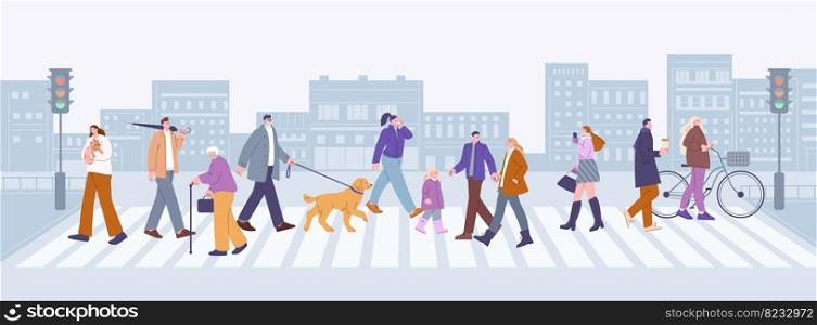 People walking on crosswalk street. Modern populated city and crowd. Business person, kids and pets owner walk on pedestrian, kicky vector urban scene of crosswalk street people illustration. People walking on crosswalk street. Modern populated city and crowd. Business person, kids and pets owner walk on pedestrian, kicky vector urban scene