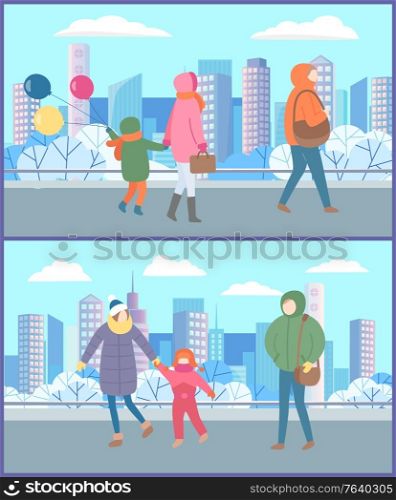 People walking on pathway in urban park. Winter walk of mother and child. Kid with colorful balloons in hand, yellow and blue, pink. Beautiful view, cityscape on city. Vector illustration flat style. People Walking in City Park, Mothers with Children