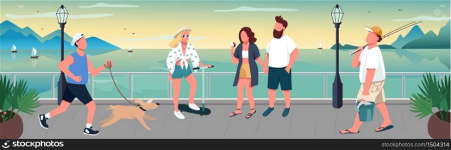 People walking on quay flat color vector illustration. Man running with dog. Couple at romantic promenade. Tourist relaxing 2D cartoon characters with coastline at sunset on background. People walking on quay flat color vector illustration
