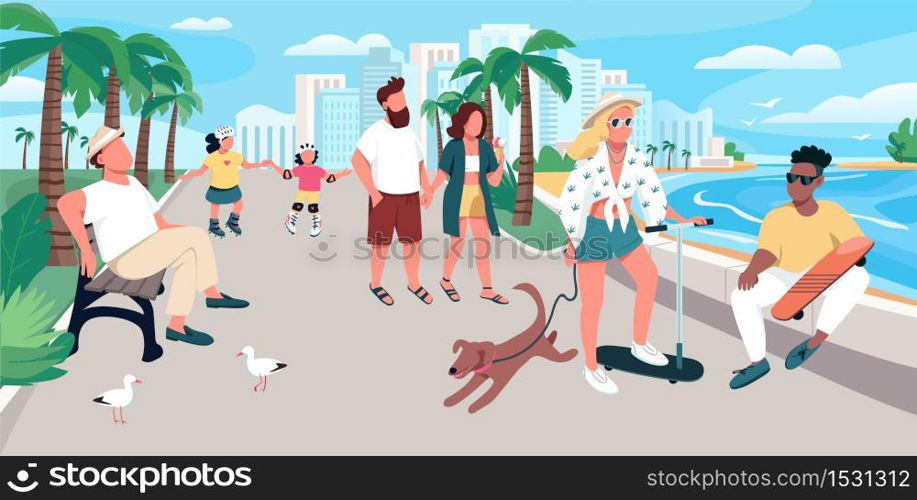 People walking on resort town street flat color vector illustration. Summer recreation. Tourists activity. Holidaymakers at promenade 2D cartoon characters with waterfront on background. People walking on resort town street flat color vector illustration