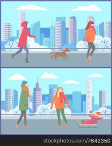 People walking on winter city streets vector, characters wearing warm clothes. Cityscape with skyscrapers and buildings. Owner strolling with dog pet illustration in flat style design for web, print. Winter Cityscape with Skyscrapers Mother with Kid