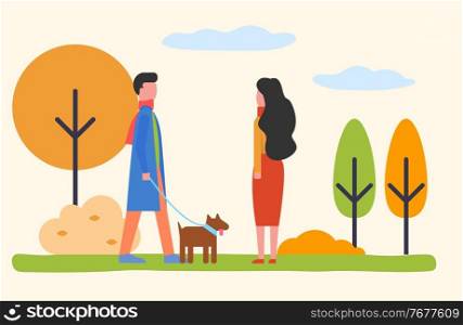 People walking pet on leash, male and female characters in park in fall season. Man and woman with puppy, strolling outside. Couple spending weekends together, vector in flat style illustration. Couple Walking Pet in Park Man and Woman in Autumn