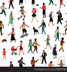 People walking seamless pattern. Women men children group person walk city crowd family park outdoor activity, flat vector background. People walking seamless pattern. Women men children group person walk city crowd family park outdoor activity