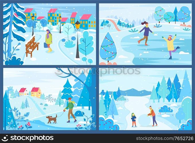 People walking, skating and making snowball in winter park set. Man and woman activity with domestic pet near trees and buildings. Male and female funny leisure on snowy land near wood vector. Man and Woman Activity in Winter Snowy Park Vector