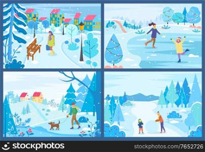 People walking, skating and making snowball in winter park set. Man and woman activity with domestic pet near trees and buildings. Male and female funny leisure on snowy land near wood vector. Man and Woman Activity in Winter Snowy Park Vector