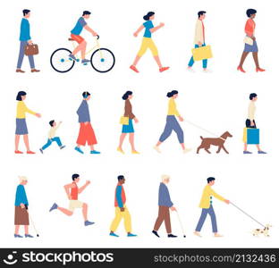 People walking. Summer person, isolated women men walk. Tourist and sportsman, businessperson and female with shopping bag, recent vector set on white. People walking. Summer person, isolated women men walk. Tourist and sportsman, businessperson and female with shopping bag, recent vector set