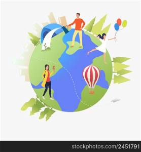 People walking, watering plants and camping on Earth globe. Lifestyle, leisure, activity concept. Vector illustration can be used for topics like vacation, nature, summer. People walking, watering plants and camping on Earth globe