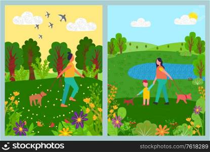 People walking with dog in park, mom and child holding domestic animal, going near lake, woman and pet in forest, green nature, sunny weather vector. Women Going with Dogs, Walking in Park Vector