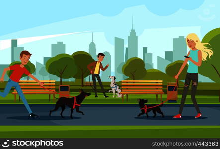 People walking with dogs in urban park. Vector landscape in cartoon style. Urban park with dog and people walk illustration. People walking with dogs in urban park. Vector landscape in cartoon style