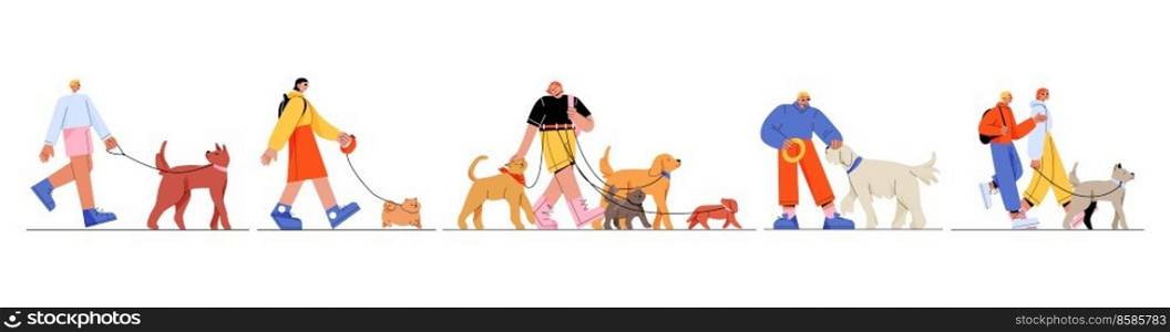People walking with dogs on leash. Flat young male and female characters smiling, training, playing, hsoending time with pet animals of different breeds. Active lifestyle. Vector illustration set. People walking with dogs on leash flat set
