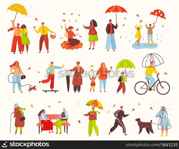 People walking with umbrellas under rain in autumn season park. Characters in warm clothes riding bike, walking dog. Fall activities vector set. Collecting mushrooms taking photos with leaves. People walking with umbrellas under rain in autumn season park. Characters in warm clothes riding bike, walking dog. Fall activities vector set