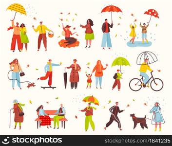 People walking with umbrellas under rain in autumn season park. Characters in warm clothes riding bike, walking dog. Fall activities vector set. Collecting mushrooms taking photos with leaves. People walking with umbrellas under rain in autumn season park. Characters in warm clothes riding bike, walking dog. Fall activities vector set