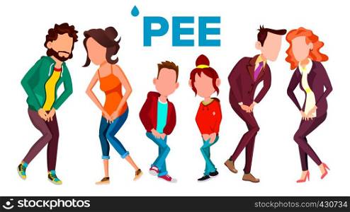 People Wants Pee Vector Banner Template With Text. Stressed Adults And Children Need Pee, Holding Crotch. Cartoon Characters in Public Restroom Queue Pack. Discomfort, Distress Flat Illustration. People Wants Pee Vector Banner Template With Text