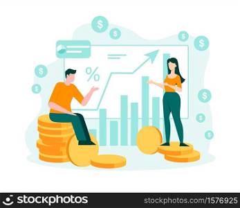 People watch stock exchange rise in stocks concept. Male and female characters look at growing flat quarterly cash flow charts marketing success and vector wealth.. People watch stock exchange rise in stocks concept.