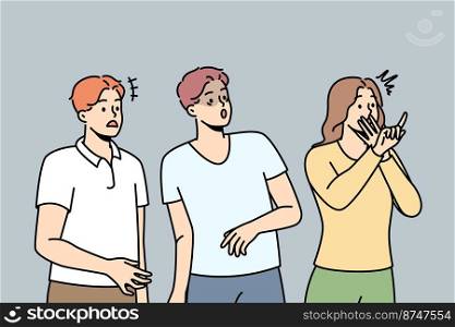 People watch unpleasant event in fear and excitement. Men, woman look at someone, disapproving, empathizing, trying to prevent what is happening. Vector line art multicolored illustration.. People watch unpleasant event in fear and excitement.