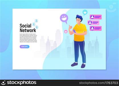 People watching a live streaming. Social Network Landing Page Template. Virtual Communication Concept. Vector illustration