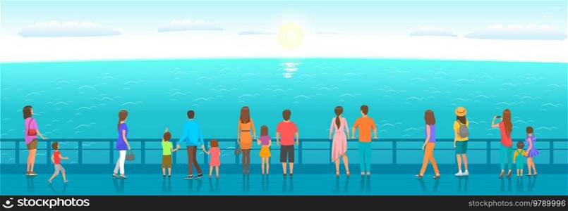 People watching marine scenery. Parents and children stand on pier and admire seascape. Sea view, breeze, seascape in summer. Characters having rest near ocean, summer holiday pastime, recreation. People watching marine scenery. Parents and children stand on pier and admire summer seascape