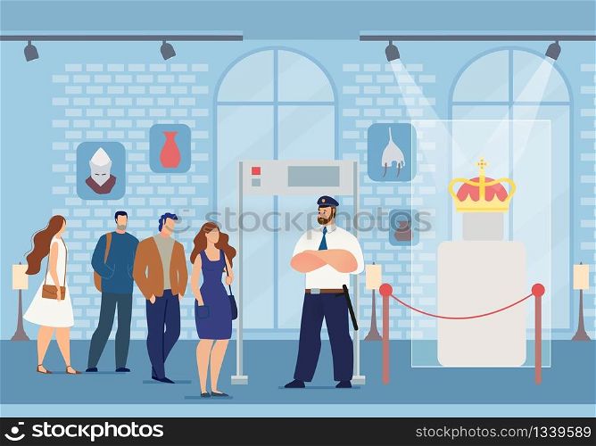 People Watching Middle Ages Artifacts Exposition at Excursion. Security Guard Man Protecting Precious King Crown. Medieval History Museum Exhibition. Ancient Objects at Showroom. Vector Illustration