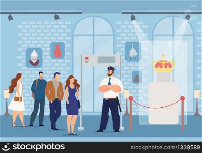 People Watching Middle Ages Artifacts Exposition at Excursion. Security Guard Man Protecting Precious King Crown. Medieval History Museum Exhibition. Ancient Objects at Showroom. Vector Illustration