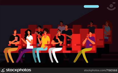 People watching movie in cinema hall interior. Cartoon family in theater vector concept. Audience in interior hall, auditorium in cinema illustration. People watching movie in cinema hall interior. Cartoon family in theater vector concept
