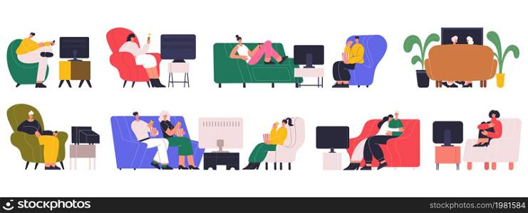 People watching tv, couple, family resting on couch at home. Characters at home watching movie or playing video games vector illustration set. Person spending time tv viewing. Family watch tv. People watching tv, couple, family resting on couch at home. Characters at home watching movie or playing video games vector illustration set. Person spending time tv viewing