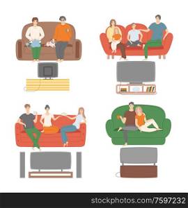 People watching tv programs together vector, family and friends looking at screens discussing events. Mother and father with kids, lady knitting hobby. People at Home, Family and Friends Watching TV