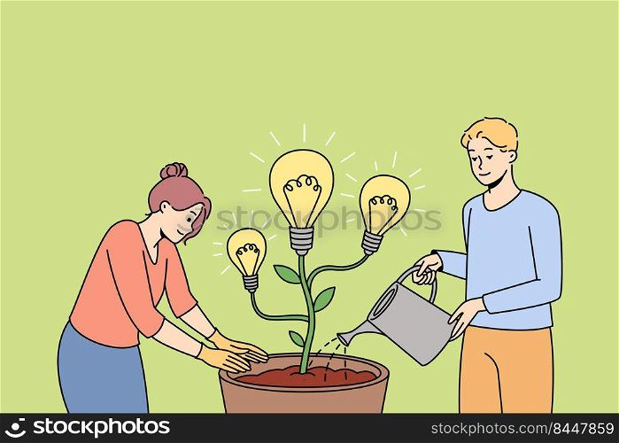 People watering plant in pot with lightbulb developing creative ideas. Man and woman growing innovation, planting product launch. Vector illustration.. People watering planting business ideas