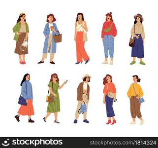 People wear casual clothes. Beautiful girl, fashion stylish female characters. Isolated young women spring autumn trendy outfit vector set. Spring autumn clothing for lady, new collection illustration. People wear casual clothes. Beautiful girl, fashion stylish female characters. Isolated young women spring autumn trendy outfit vector set