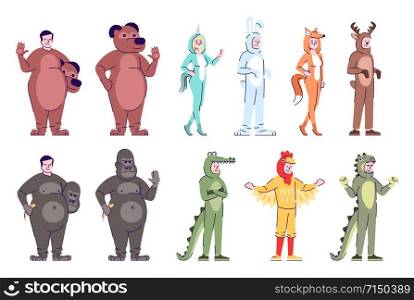 People wearing animal costumes flat vector illustrations set. Cartoon characters with outline elements isolated on white background. Bear, crocodile, gorilla, bunny Halloween outfits