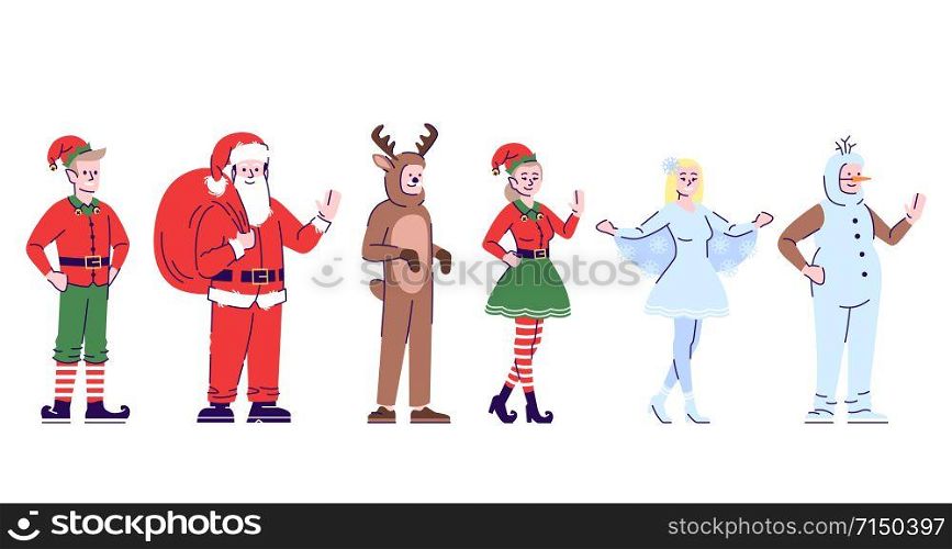 People wearing Christmas costumes flat vector illustrations set. Cartoon characters with outline elements isolated on white background. Festive X-mas oufits. Santa Claus, snowman, deer and elf pack