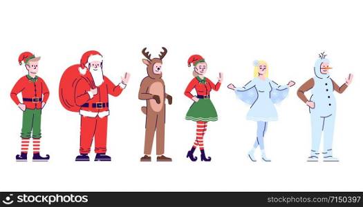 People wearing Christmas costumes flat vector illustrations set. Cartoon characters with outline elements isolated on white background. Festive X-mas oufits. Santa Claus, snowman, deer and elf pack